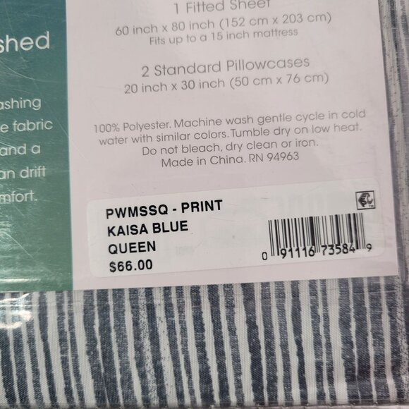 Drift Collection Queen Garment Washed 4-Piece Sheet Set Kaisa Blue Striped - Picture 5 of 6